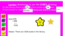 a purple background with a yellow star and the words luciano remember to use the cubes strategy in the library