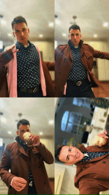 a man wearing a trench coat and a polka dot shirt takes a selfie