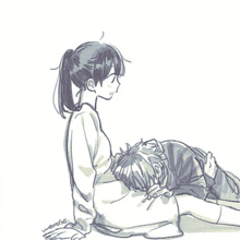 a black and white drawing of a girl sitting on top of a boy .