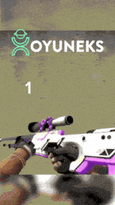 a person holding a purple and white sniper rifle with the number 1 above them