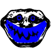 a black and white drawing of a troll face with blue teeth .