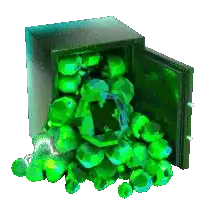 a safe filled with green gems and a phone