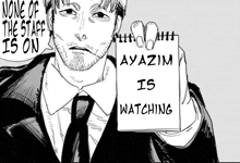 a man in a suit and tie is holding a notepad that says ' ayazm is watching '
