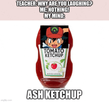 a bottle of tomato ketchup with ash pokemon on it