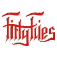 a red and white logo for fifty flies