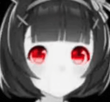 a black and white drawing of a girl with red eyes and black hair .