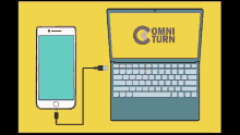 a phone is plugged into a laptop with the word omni turn on the screen