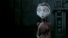 a cartoon character in a dark room with a red dress