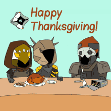 a cartoon of three soldiers sitting at a table with a plate of food and the words happy thanksgiving