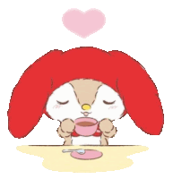 a cartoon of a bunny drinking a cup of coffee with a heart above it