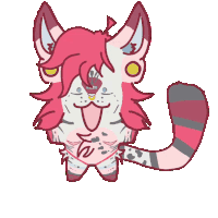 a cartoon drawing of a cat with pink hair and a striped tail