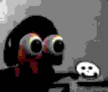 a black and white pixel art of a person with headphones and a skull in the background