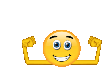 a yellow smiley face with blue eyes is flexing his muscles