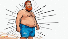 a cartoon drawing of a man with a big belly wearing blue shorts