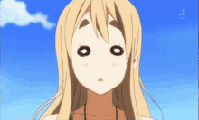 a blonde anime girl with a surprised look on her face and a blue sky in the background