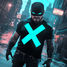 a man wearing a mask and a black shirt with a blue cross on it