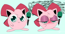 a drawing of a pink cat with a bow on its head holding a microphone