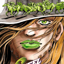 a cartoon drawing of a woman with green lips and a hat that says jojo