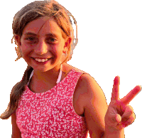 a young girl in a pink floral dress is giving a peace sign