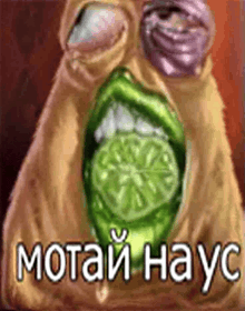 a cartoon character with a slice of lime in his mouth and the words `` motai hayc '' written on it .