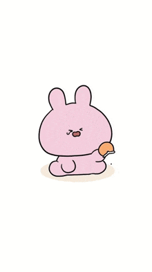 a pink rabbit is sitting down and holding a piece of food in its paws .