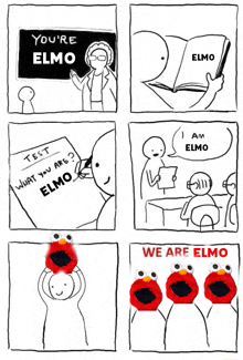 a comic strip shows a teacher asking what elmo is