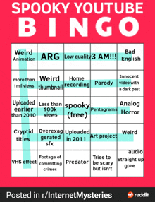 a poster for a spooky youtube bingo game on reddit