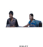 a man and a woman are sitting at a table and the words kulfy are on the bottom