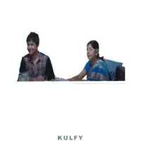 a man and a woman are sitting at a table and the words kulfy are on the bottom