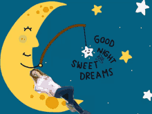 a woman laying on a crescent moon with the words good night and sweet dreams written on it