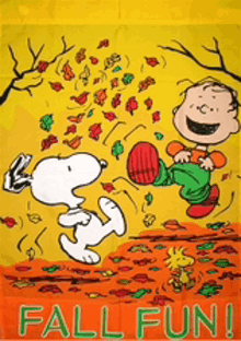 a cartoon of snoopy and charlie brown playing with leaves with the words fall fun