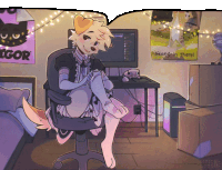 a cartoon of a furry sitting in front of a computer with a poster that says igor hang in there