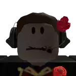 a roblox character with headphones and a rose in his hair .