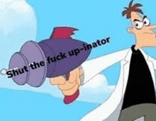 perry the platypus is holding a purple gun with the words `` shut the fuck up-inator '' written on it .