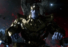 thanos is sitting on a throne in the middle of a space battle .