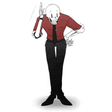 a drawing of a skeleton with a red shirt and black pants