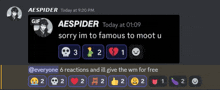 a screenshot of a discord conversation between aespider and everyone 6 reactions and ill give the wm for free