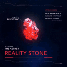 a poster showing the reality stone and the appearances of thor the dark world avengers infinity war avengers endgame