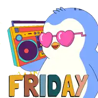 a penguin wearing pink heart shaped sunglasses is holding a boombox and the word friday is below it