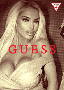 a guess ad features a blonde woman in a dress