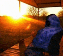 a person in a blue hoodie is looking out a window at the sun