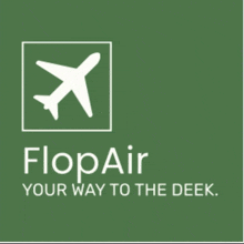 a logo for flopair shows an airplane in a square on a green background