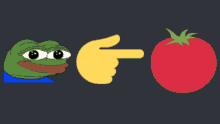 a frog a hand and a tomato are shown