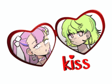 a couple of heart shaped frames with the word kiss on the bottom