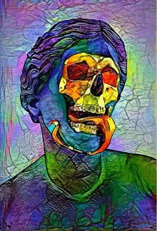 a colorful painting of a woman with a skull on her head