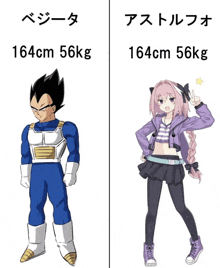 a cartoon of vegeta and a cartoon of a girl with the numbers 164cm 56kg