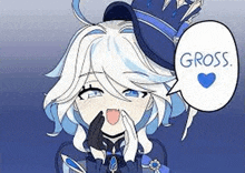 a girl with white hair and a blue hat is covering her mouth with her hands and a speech bubble that says `` gross '' .