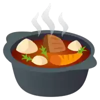 a cartoon illustration of a pot of soup with meat carrots and potatoes