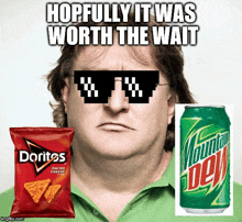 a man wearing sunglasses next to doritos and mountain dew