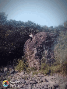 a person standing on top of a large rock with the words sweet selfie on the bottom